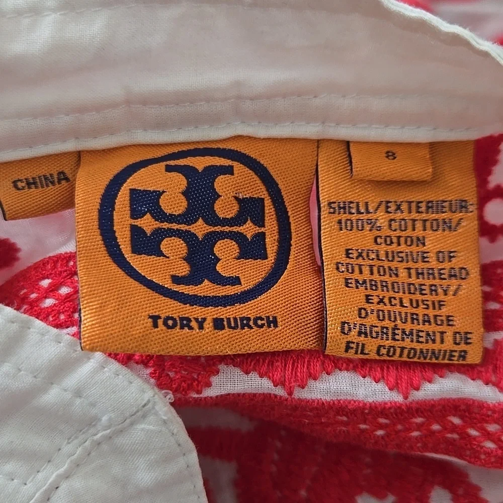 Tory Burch Embroidered Dress In White And Red Size 8